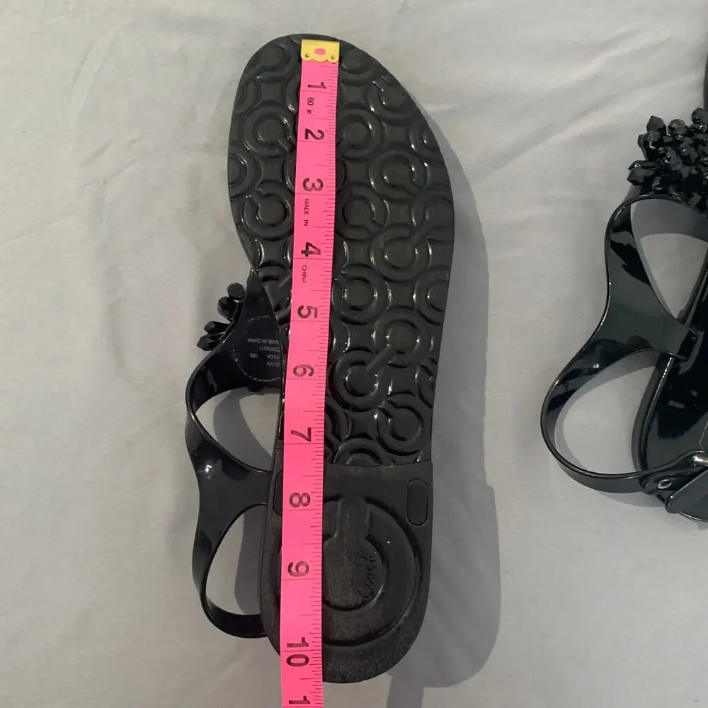 Coach Black Jelly Thong Sandals Crystal Flower Embellished Size 10B